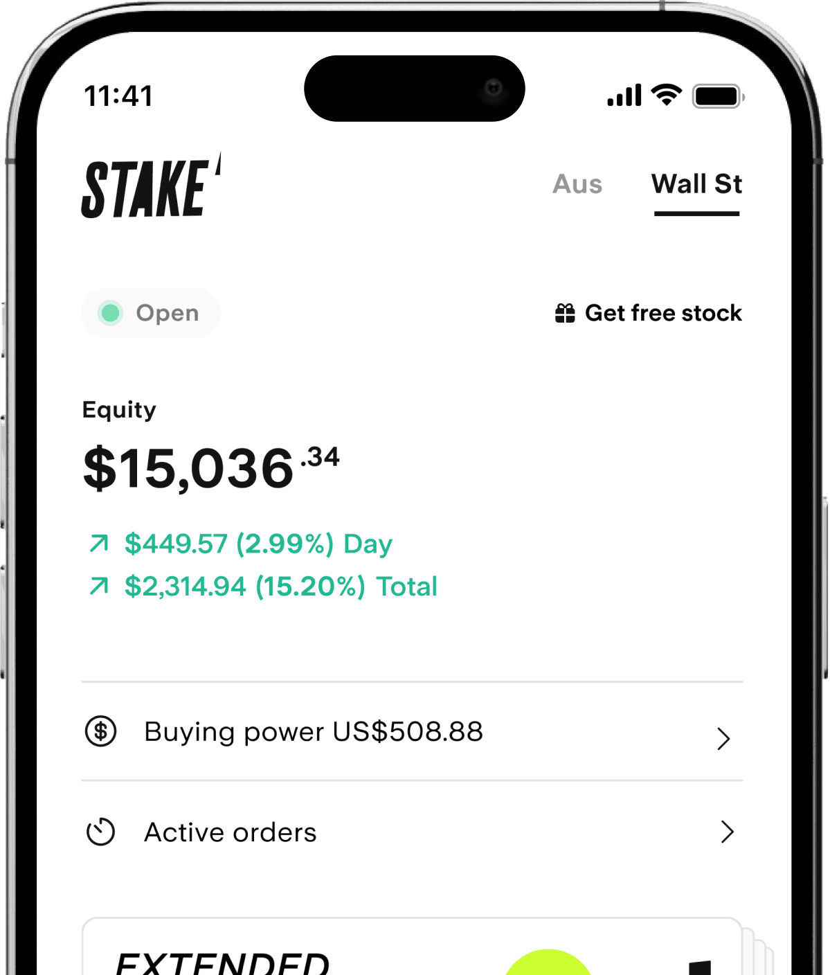 Stake phone application displaying the Markets screen