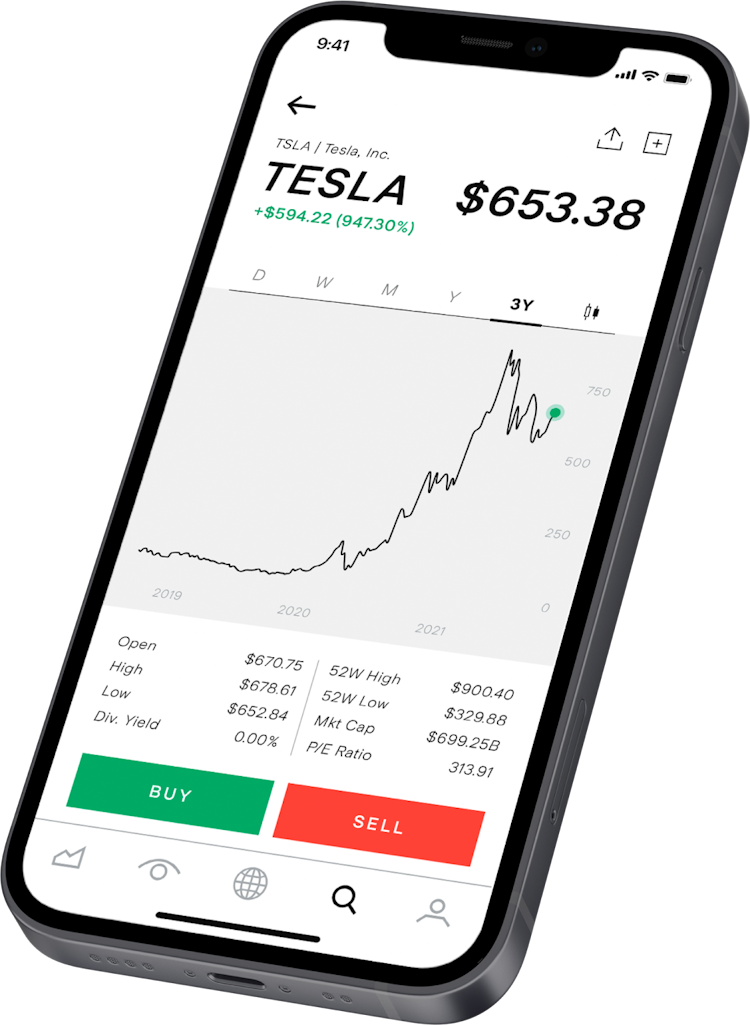 Phone showing the Stake app with the Tesla stock screen open