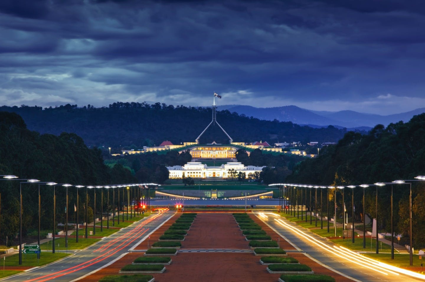 Australian Parliament house in Canberra lit up at night