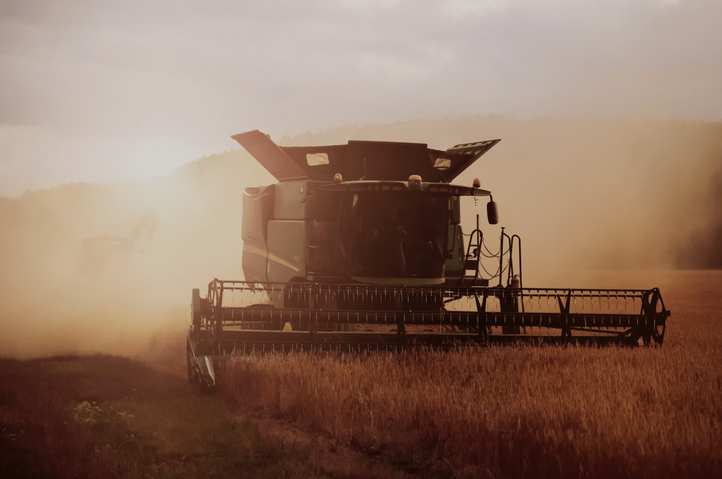 A tractor ploughing a wheat field during the day.