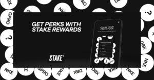 Image with 'Get Stake Perks with Stake Rewards" phone and balls with stock tickers on them